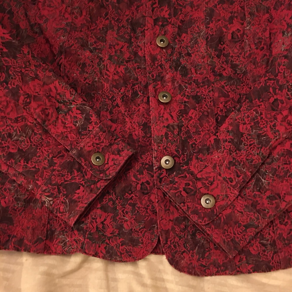 Vtg red gray petite medium jacket blazer jacquard Christopher Banks beautiful - Picture 11 of 11